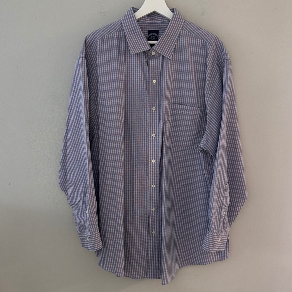 Brooks Brothers Men 18.5 34/35 Supima Cotton Non-Iron Check Dress Shirt Blue Red